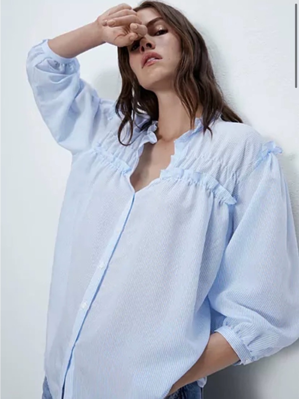 Zara Pale Blue Ruffled Button-Front Blouse